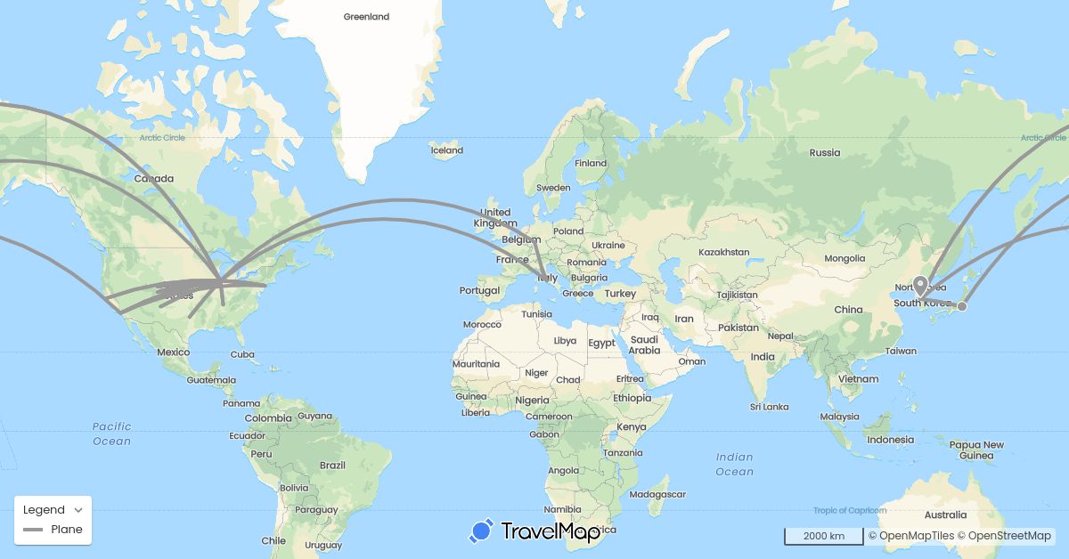TravelMap itinerary: driving, plane in Germany, Italy, Japan, South Korea, United States (Asia, Europe, North America)